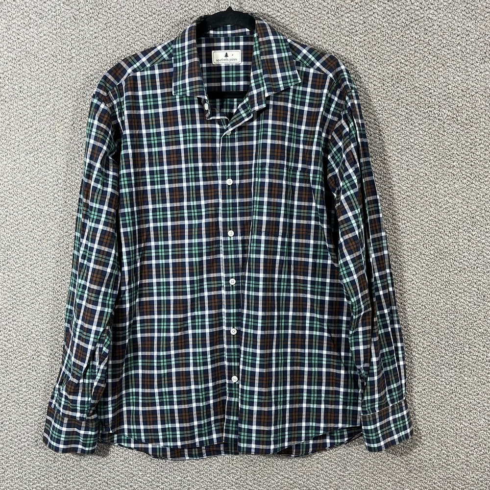 Southern Pines Shirt Mens Size XL Brown Green Plaid Long Sleeve Button Up Casual